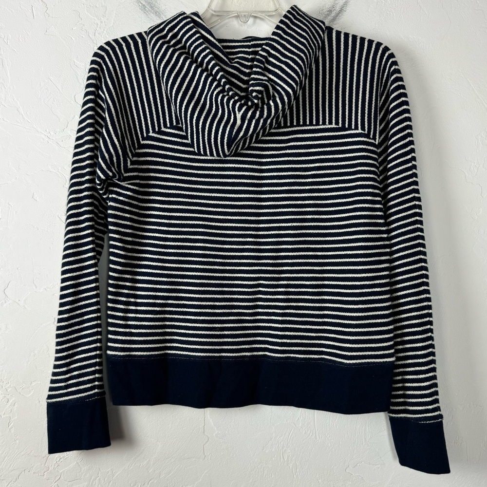 J Crew Hoodie Pullover Sweatshirt Sweater Striped Print Navy Blue Ivory Terry - Picture 2 of 9